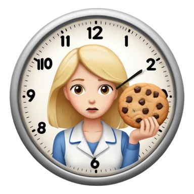 woman waiting hungry and sad  for cookie to be ready, looking on a clock  sticker