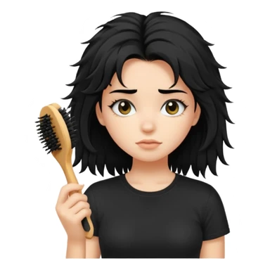 a pretty bratz fair girl with messy shaggy black hair with mascara smudged wearing a tight black tee with a hair brush stuck in hair sticker