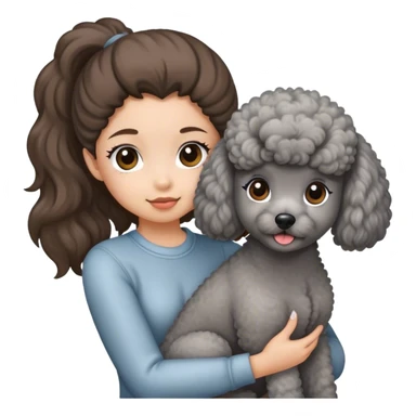A girl with a brown ponytail holding a grey poodle sticker