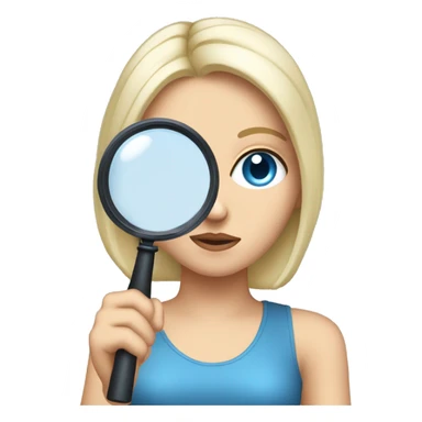 white girl with black hair and blue eyes holding a magnifying glass and suspisouce look sticker