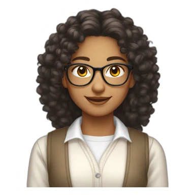 smiling indian teenage girl with curly hair and glasses wearing a collared long sleeve white shirt under a white sweatervest sticker