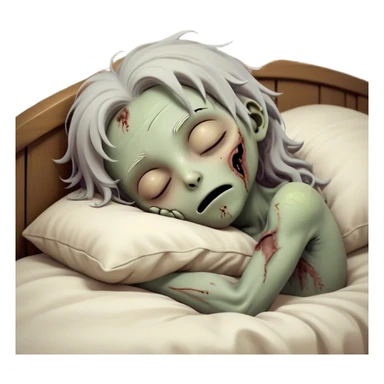 Meme-Worthy Cute Sleeping Zombie Portrait Emoji, with a delightfully quirky, slightly disheveled decaying face in soft ashen hues, head tilted back in peaceful, relaxed sleep with softly closed eyes and a tiny, endearing smile, simplified yet irresistibly charming, highly detailed with a soft eerie glowing outline that captures the gentle, unexpected cuteness of a zombie in serene repose! sticker