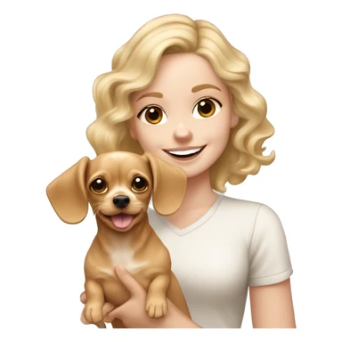 White girl with wavy blonde hair holding a beige chihuahua dachshund cocker spaniel mix happy with shorter ears sticker