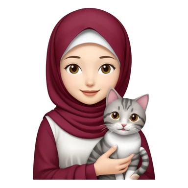 Asian white girl wearing  maroon hijab with white dress holding a black grey tabby cat while smiling sticker