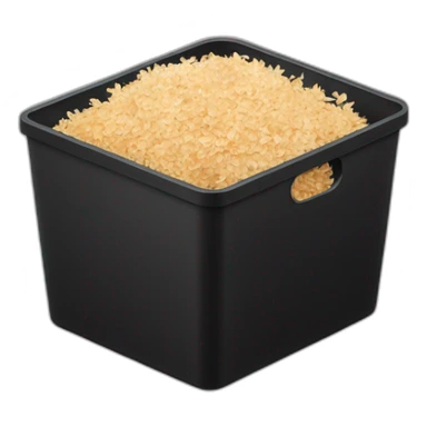 Black cubic plastic container with wood shavings inside, and a white tube with three branches at the top  sticker