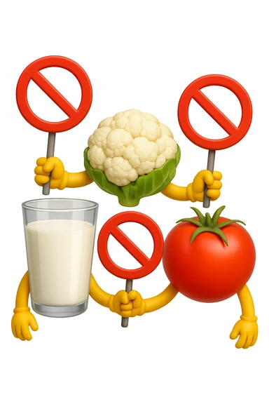 emoji stile iphone di un BICCHIERE DI LATTE CAVOLFIORE E POMODORO CHE FLUTTUANO IN ARIA VERTICALMENTE CON DIVIETI IN MANO, iperrealistico 4k, isolato su sfondo bianco sticker