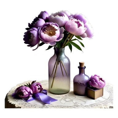 A vintage glass bottle with a slightly uneven surface holds a collection of pastel purple peonies, their petals unfolding in soft layers. A hand-dyed violet ribbon wraps around the neck of the bottle, its edges slightly frayed. Light passes through the dusty glass, casting shadows of overlapping petals onto a lace-covered table. A few loose petals rest nearby, their color fading toward the edges sticker