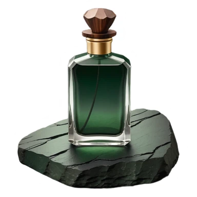 A masculine fragrance bottle featuring a gradient of deep forest green to charred black glass. The cap is made of dark walnut wood. The bottle is placed on a jagged piece of slate rock with a faint mist in the background. Earthy, moody, textured, photorealistic. sticker