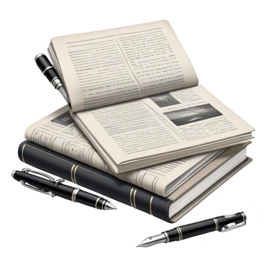 Create an emoji representing journalism and publicistic writing. The design should feature a stack of newspapers, an open notebook, and a single classic fountain pen placed on top of the notebook, symbolizing the act of writing. The scene should convey a sense of professionalism and thoughtful analysis. Use a neutral and professional color palette, with black, white, and muted tones. Do not include any emojis or smiley faces. Make the background transparent. sticker