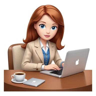 A Barbie girl with blue eyes, shoulder-length reddish-brown hair, made-up, wearing a white tweed jacket and beige skirt, is sitting at a table with a MacBook and a cup of coffee sticker