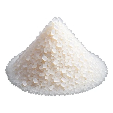 small pile of bright white granulated sugar, fine uniform grains, crystalline sparkle, clean dry evenly textured surface, soft lighting, subtle shadows, emoji scale sticker