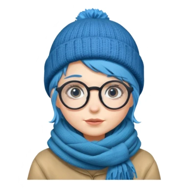 A shy blue straight hair woman with big round glasses and thick scarf and a beanie, blushing from the cold. sticker