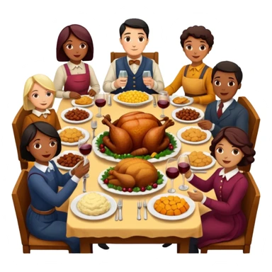 Thanksgiving Dinner with 10 people of different skin color around the table; have the food be a cooked turkey, mashed potatoes, corn, a basket of biscuits, a small bowl of cranberry sauce, baked yams, steamed vegetables, and a bottle of wine. sticker