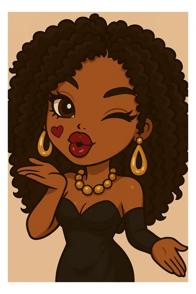 Headshot of a 20-year-old anime Bratz style woman with dark skin, curly hair, winking and blowing a kiss, glamorous evening wear, big expressive eyes, glossy lips, happy expression, no hat, no tears. sticker