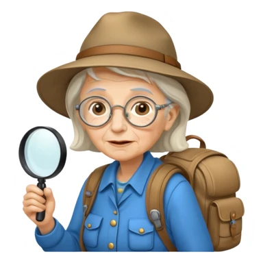 Explorer old woman backpack and magnifying glass, voyarer sticker