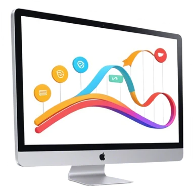 Animation and motion design. A computer screen with an animation timeline, moving frames. Display a cartoon or animated scene on the screen. Include motion design elements like flowing lines, curves, or rotating objects. Modern, creative colors. No emojis or smiley faces. Transparent background. sticker