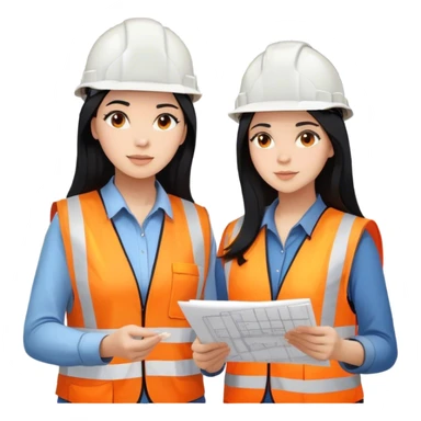 Female civil engineer with long black hair wearing white helmet and an orange safety vest staring at big drawing plan on her hands  sticker