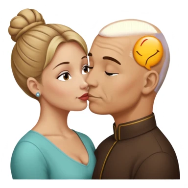 Mid aged Hispanic bald man kissing mid aged dark blonde white woman. She’s wearing a bun. sticker