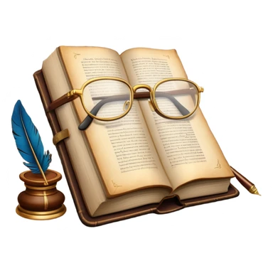 An icon featuring an open book with classic text, a feather quill, and reading glasses, symbolizing literary studies. The design includes old library shelves and vintage manuscripts in the background. Transparent background emphasizes the deep analysis of written works and literary history. sticker