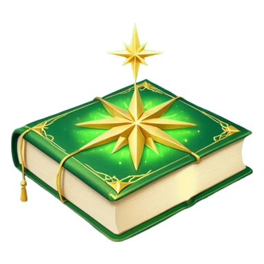 A **green, opened glowing book** with **golden edges**, floating with **sparkles and magical wisps** around it. The cover features a **golden starburst sigil**, symbolizing charm and radiance. ✨📖 sticker