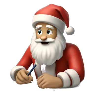 White Father Christmas is sitting on a desk, writing something down on a sheet of paper, solving complicated math puzzles, you can see the math tasks/ exercises sticker