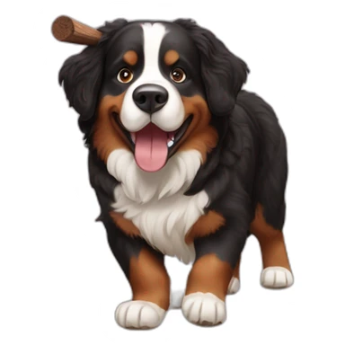 Bernese mountain dog playing with a wood stick and a brown hair womand sticker