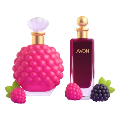 AVON women's perfume bottle next to a raspberry-shaped bottle sticker