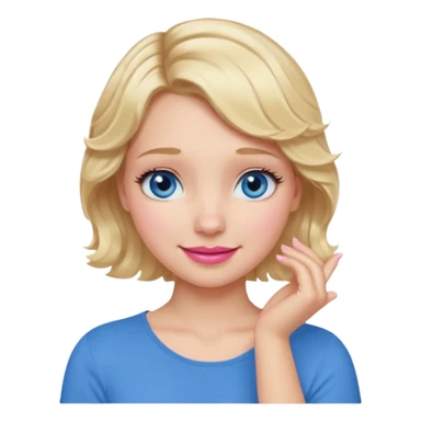 Girl Blonde short wavy hair,  blue eyes, cute blue top, long lashes, pink lips, smiling, 🤦🏻‍♀️ sticker