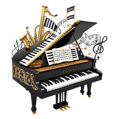 Create a sophisticated and celebratory emoji collage representing keyboard instruments, designed in the style of a coat of arms or crest. The design should feature a central, ornate grand piano with black and white keys, surrounded by a ribbon of musical notes. The ribbon should intertwine with a second ribbon made of black-and-white piano keys, creating a flowing, symmetrical pattern. Include delicate, elegant details such as the pedals of the grand piano, intricate woodwork, and the glossy, polished surface of the instrument. The musical notes should be swirling around the design in a harmonious, festive arrangement. Use gold, silver, and rich wood tones to evoke a sense of luxury and professionalism, with the black-and-white keys of the piano adding contrast. The background should remain transparent. sticker