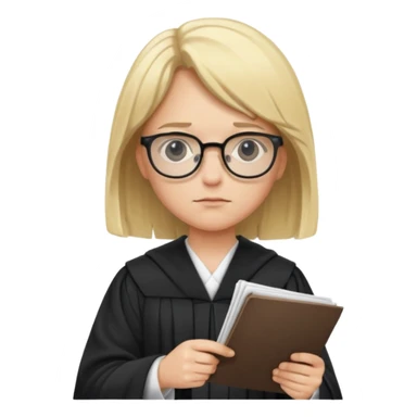 Young judge, blonde hair with glasses and robe, hold a paper sticker
