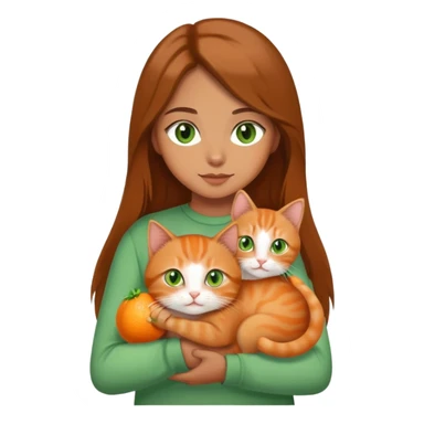A brown long hair with green eyes holding a cute small orange cat sticker
