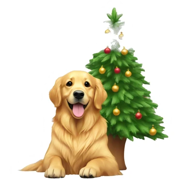 golden retriever with christmas tree  sticker