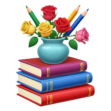 Five colorful books are stacked, along with a pencil holder full of crayons and a vase full of roses. The illustration style is cartoon. sticker