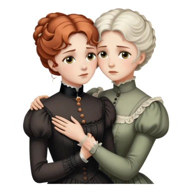 Two Victorian women with light eyes in a sad intimate hug, one with white coiffed hair and one with copper coiffed hair, wearing Victorian high-neck dresses, embracing tightly sticker