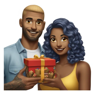 Hyper Realistic beautiful woman receiving a gift and a box of chocolates from a handsome tattooed man  sticker