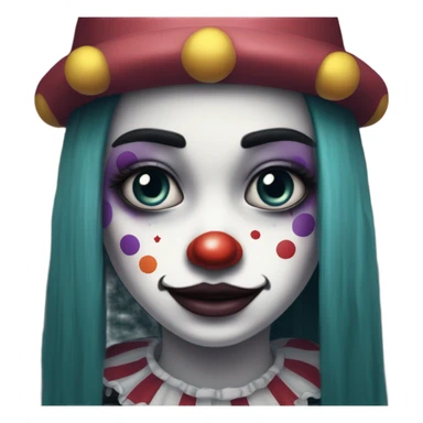 Sad clown girl with clown face paint wearing cap n bells cockcomb jester hat with long straight black hair exaggerated expression on her face  sticker