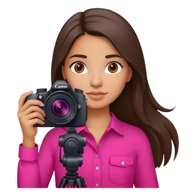 latin girl photographer with long brunette hair hot pink shirt and Canon camera sticker