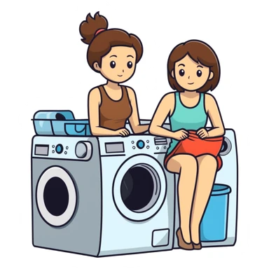 Caucasian woman with brown hair and big boobs wearing a tank top sitting on a washer and dryer sticker
