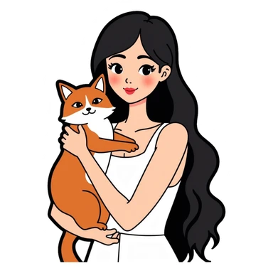 beautiful girl with long black hair wearing a white dress holding an Abyssinian cat with reddish-brown fur in her arms sticker