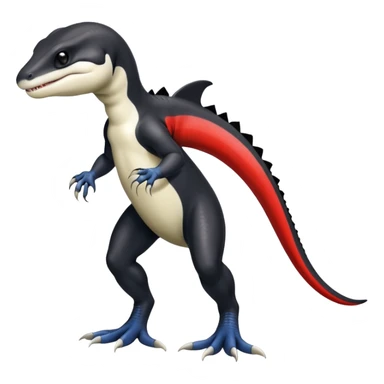 Black and white Orca-reptile-reptilian-lizard-skink-gecko-Digimon-Fakémon-hybrid full body, two legs, two arms, claws, tail, with red stripe sticker