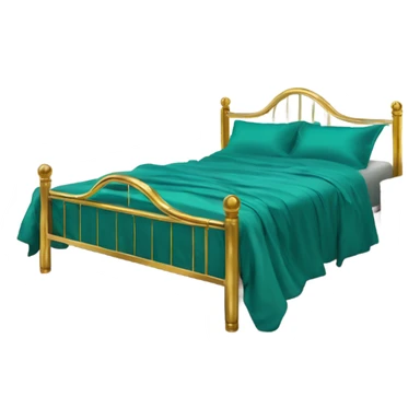 eighties bed with teal sheets and gold brass frame sticker