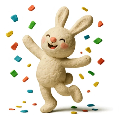 cotton bunny throwing confetti and spinning in claymation style sticker