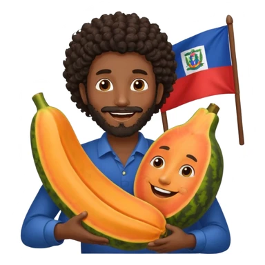 A very happy papaya hugging a medium dark skinned man with dark curly hair with a beard and Dominican flag behind them sticker