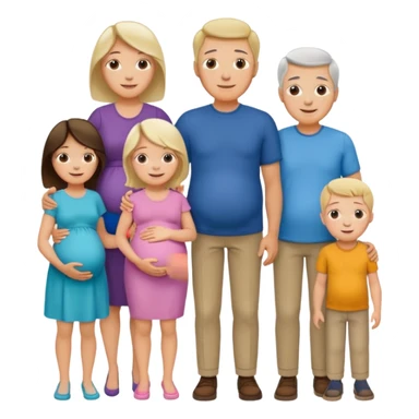 I want a couple with a wife that’s pregnant and then on the male side standing next to him is his family mom is sick the dad is fine  and his siblings and grandparents are okay smiling. sticker