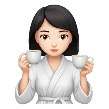 White girl with brown eyes and short black hair drinking a cup of tea in a bathrobe sticker
