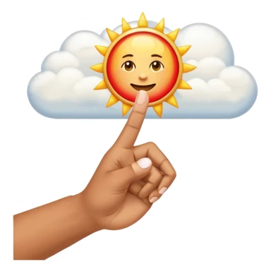"Create an emoji representation of a hand holding other. One hand with index finger pointing up, surrounded by clouds and sun rays, with a red ring on the ring finger." sticker