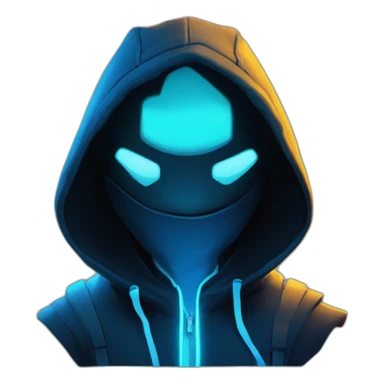developer behind his laptop with this style : Riot Games Valorant neon glowing bright blue character blue black hooded hacker themed character sticker