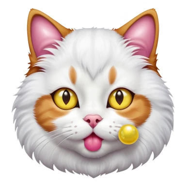 Cat with white center of his face and kinda ginger kinda brown and black strikes yellow eyes pink nose blowing a bubble gum sticker