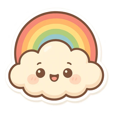 chibi sticker-style cloud with a rainbow, cute and exaggerated sticker