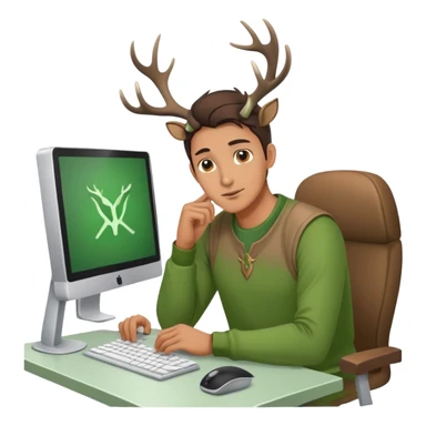 Guy works at computer with deers antlers, green clothes, brown eyes  sticker